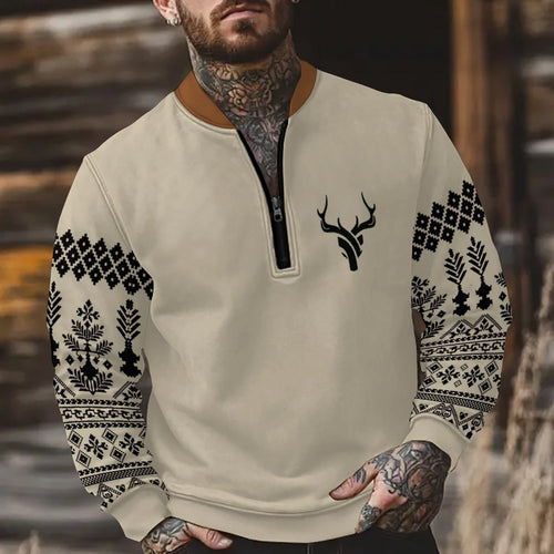 Herrer sweater med lynlåskrave og folkloristisk design Stilla