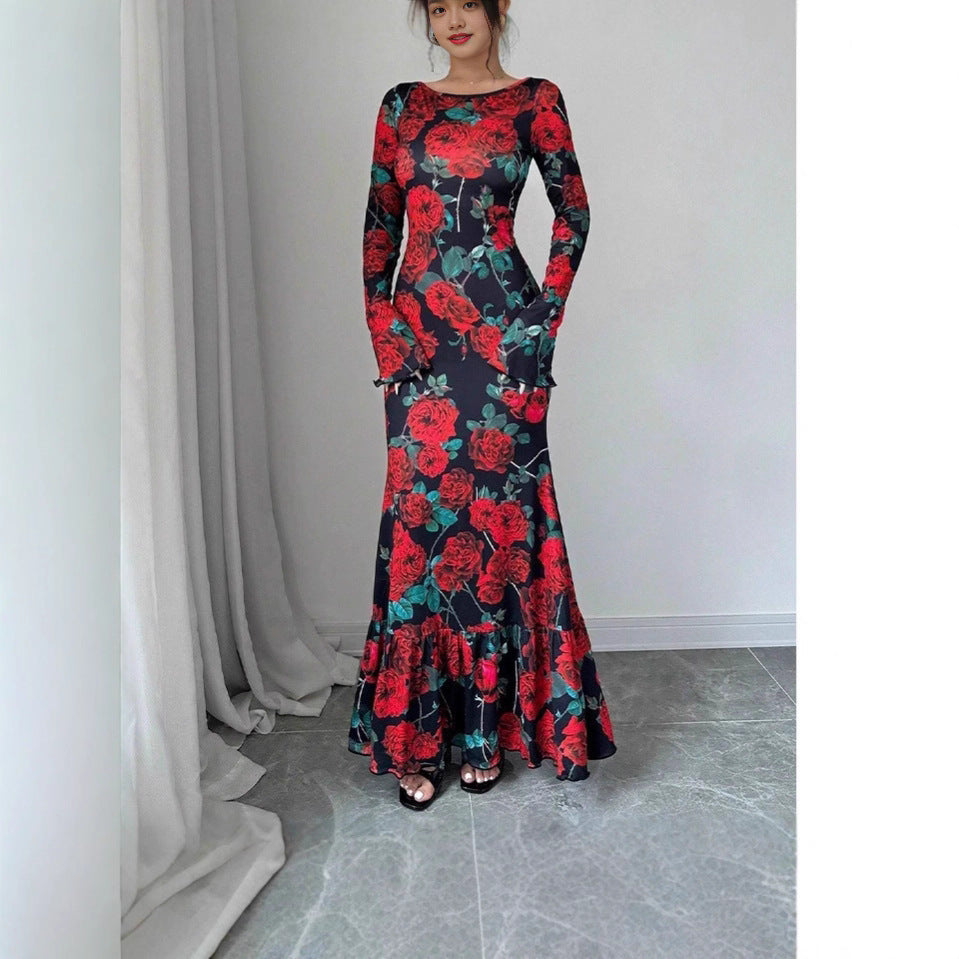 Kvinder Elegant Maxi Kjole med Blomster Rynke Detaljer og Lange Ærmer Stilla