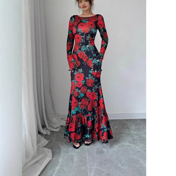 Kvinder Elegant Maxi Kjole med Blomster Rynke Detaljer og Lange Ærmer Stilla
