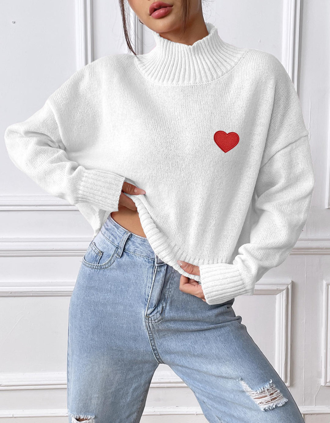 Dame hyggelig turtleneck sweater med hjerteapplikation Stilla