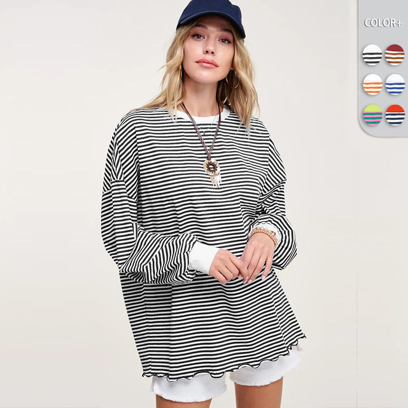 Dame Casual stribet oversized sweatshirt med svingende kant og stribede ærmer Stilla