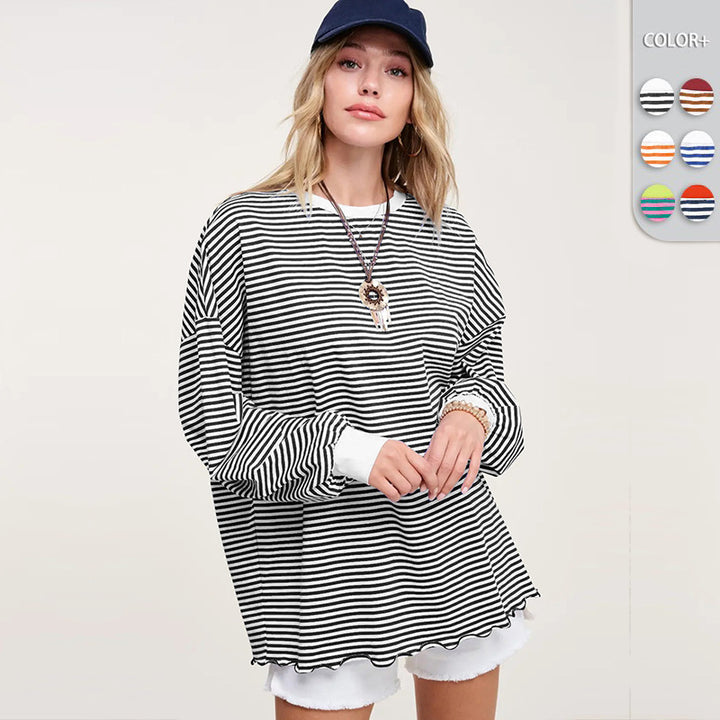 Dame Casual stribet oversized sweatshirt med svingende kant og stribede ærmer Stilla