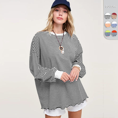 Dame Casual stribet oversized sweatshirt med svingende kant og stribede ærmer Stilla