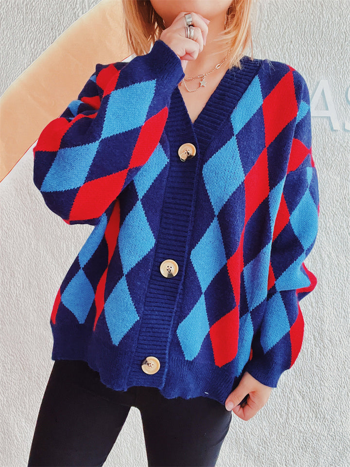Dames mønstrede cardigan i moderne diamantdesign med store knapper Stilla