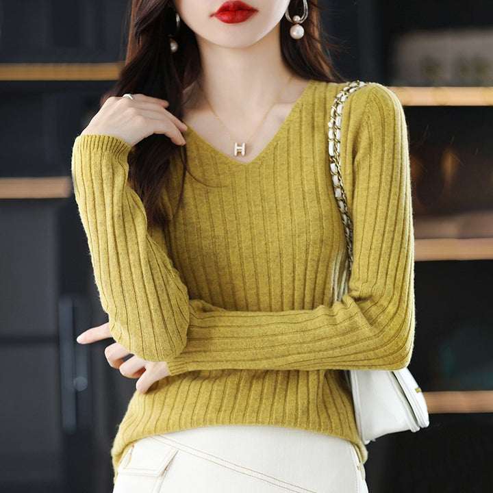 Femme Ribbet V-Udskæring Pullover Sweater Stilla