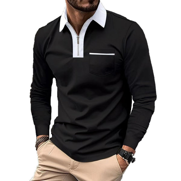 Herrer nan elegant Langærmet poloshirt med markeret ståkrave metal kort lynlås og brystlomme Skovae
