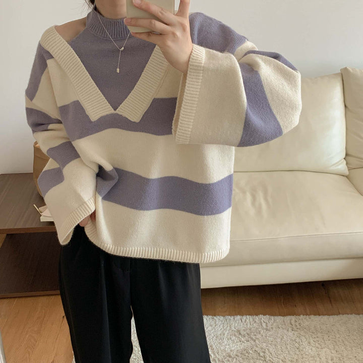 Kvinders afslappede sweater med moderne stribemønster og skulderudskæringer Stilla