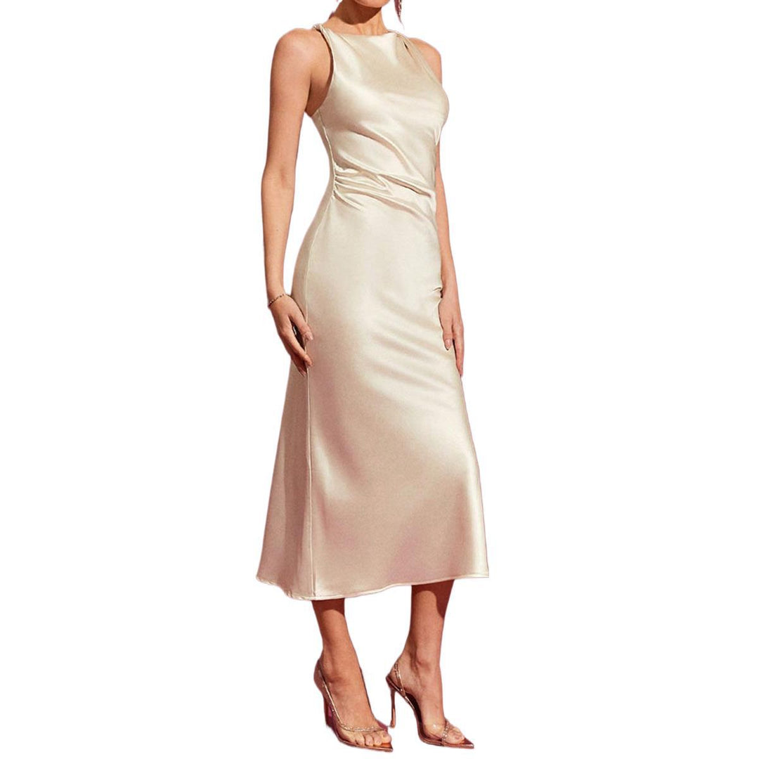Dame elegant satin cocktailkjole med asymmetrisk snit og figurnært design Skovae