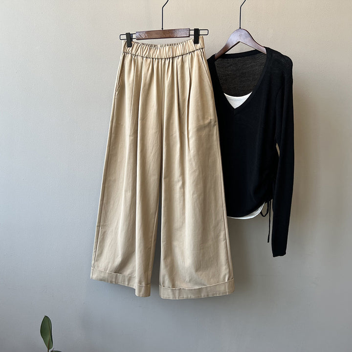 Dame bred Culotte-bukser med elastisk talje og indsyede folder Stilla