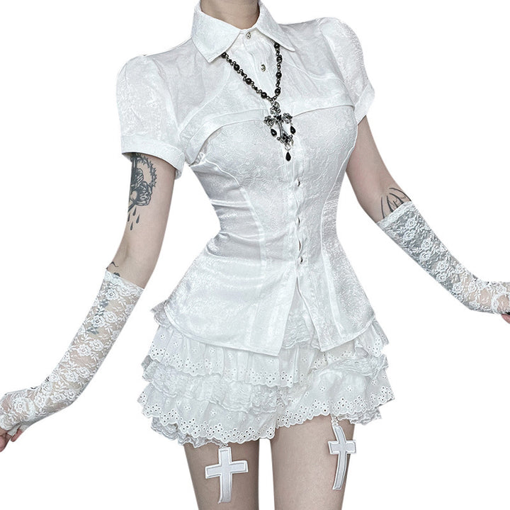 Damerne Gothic Lace Shirt med elegante puffærmer og flæse detaljer Skovae
