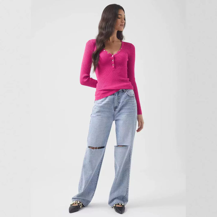 Dame figursyet ribtop med dekorerede knapper Stilla