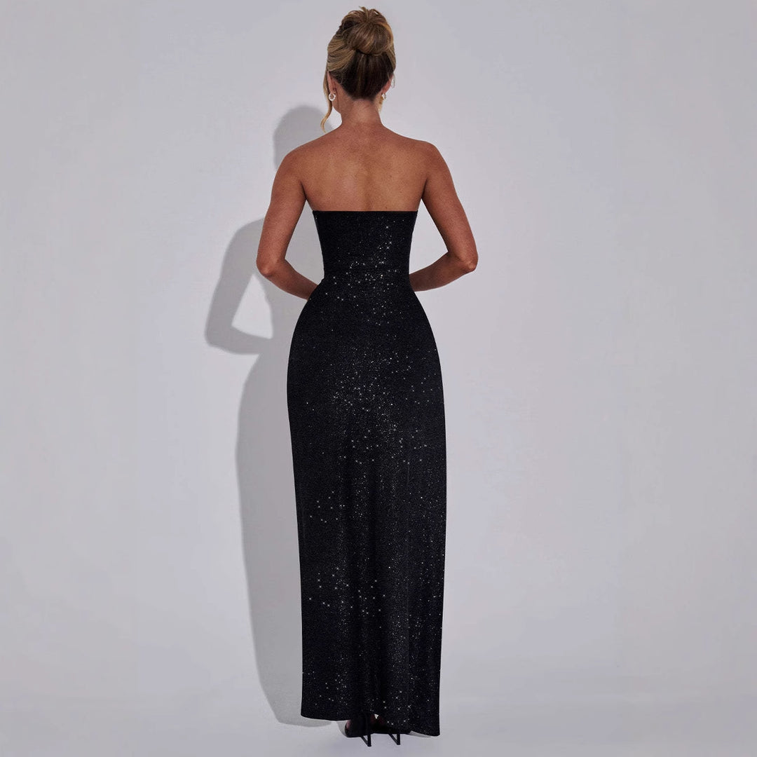 Dame Glamourøs Stropløs Maxi Kjole med Glitrende Stof og Elegant Læg Slids Stilla
