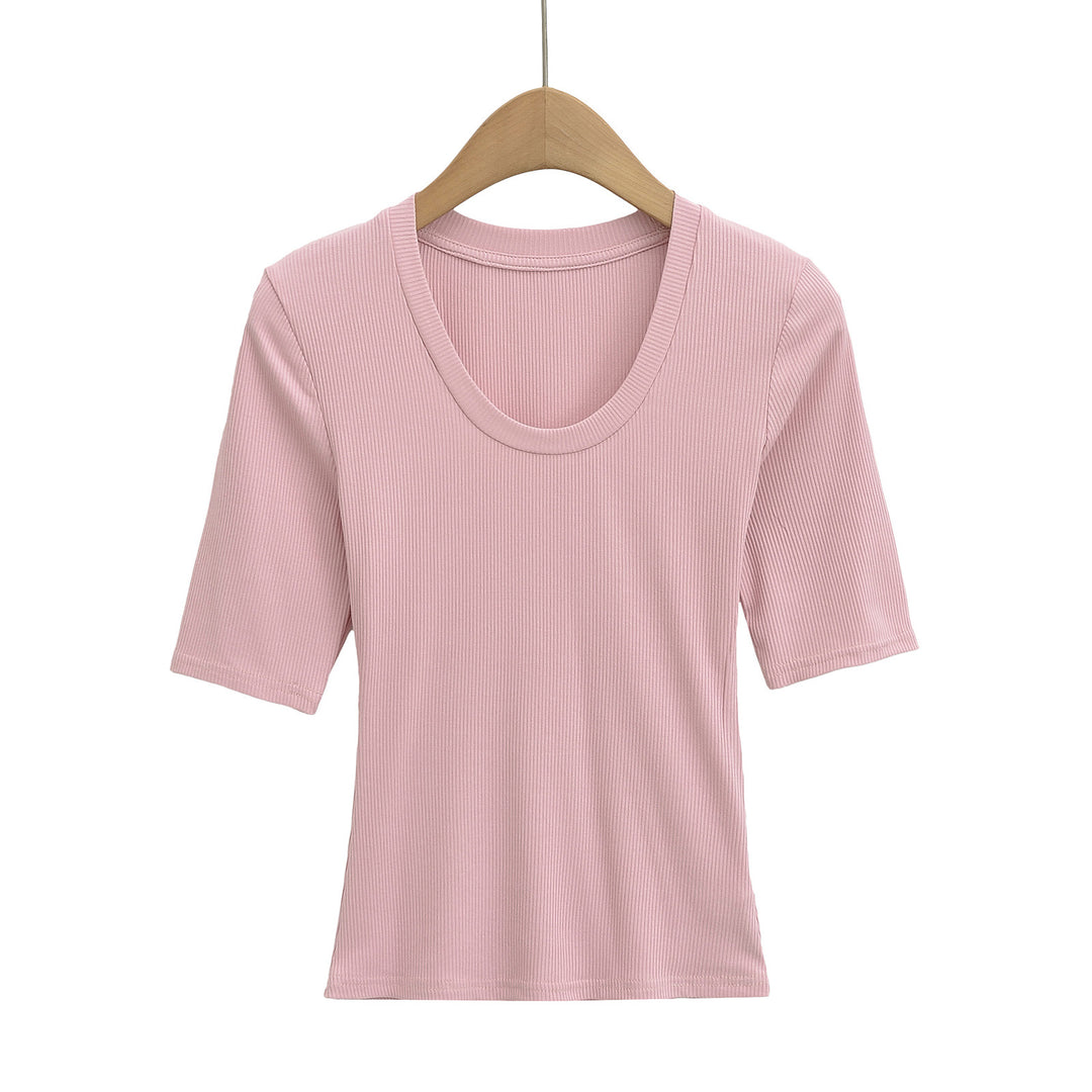 Dame Kortærmet T-shirt med dyb rundhalsudskæring og elastisk rib-materiale Stilla
