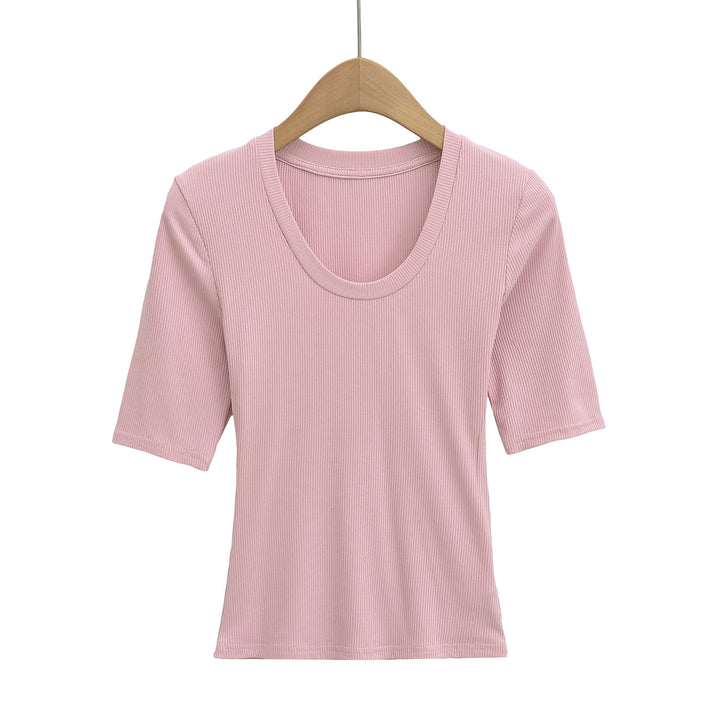 Dame Kortærmet T-shirt med dyb rundhalsudskæring og elastisk rib-materiale Stilla