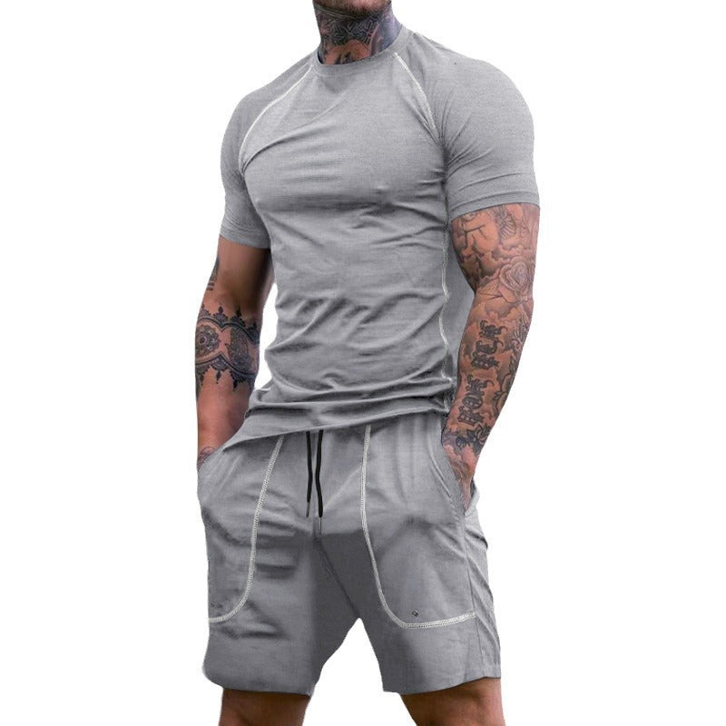 Herrer nan Raglan-fit kortærmet skjorte- og tunneltræk-shorts-sæt i åndbart stretch-jersey med kontrastsyninger Skovae