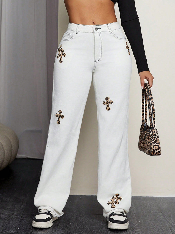 Kvindernes casual jeans med iøjnefaldende dyre print applique Stilla