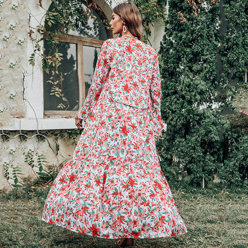 Dame sommerlige maxi-strikjakke med florale mønstre og klokkeærmer Stilla