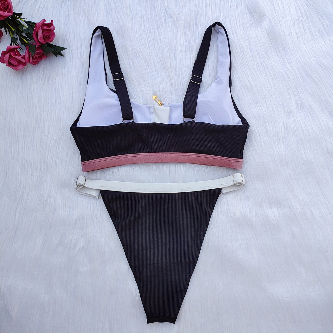 Dame Sport-Bikini-Sæt med lynlås og farvemæssigt afgrænsede detaljer Skovae