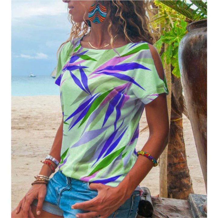 Kvinders T-shirt med asymmetrisk snit og farverigt bladmotiv Stilla