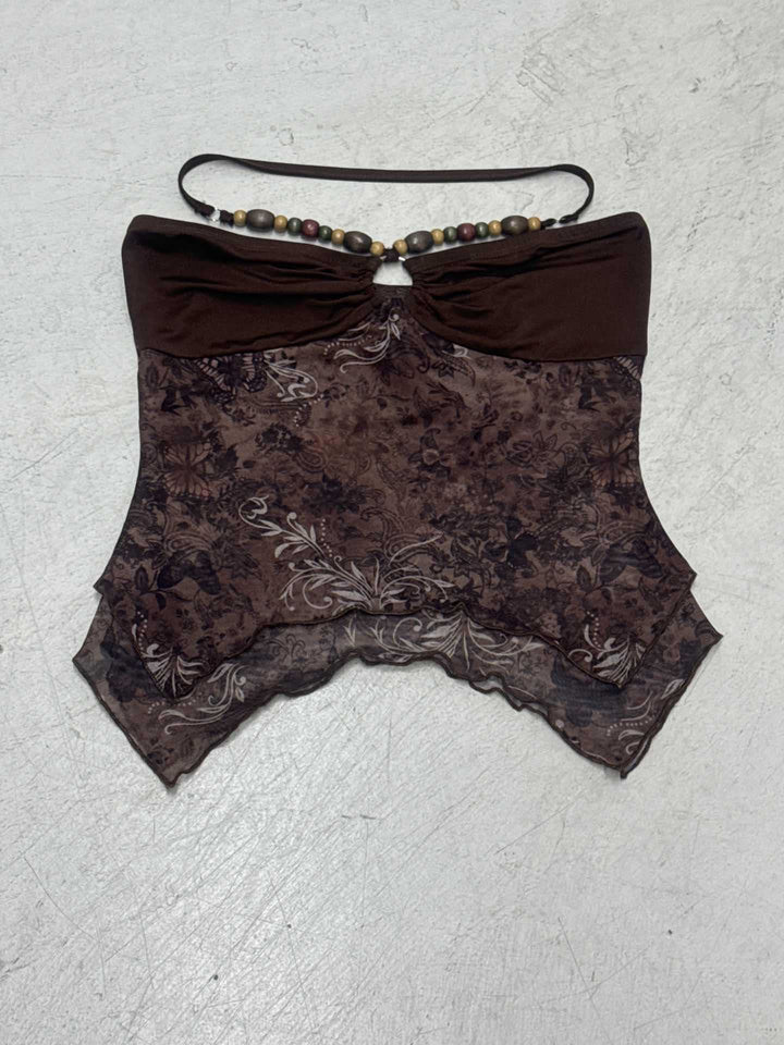 Dame løs bandeau-top med blomstermotiv og raffinerede bindebånd Skovae