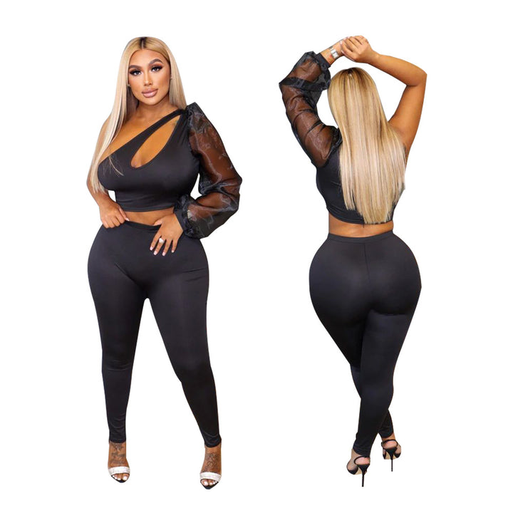 Dame trendy sæt bestående af crop top med asymmetrisk udskæring og figurnær leggings Stilla