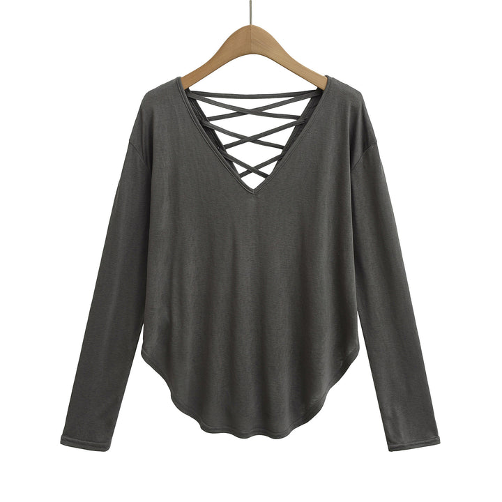 Dame langærmet shirt med dyb V-udskæring og elegant snøredetail Stilla