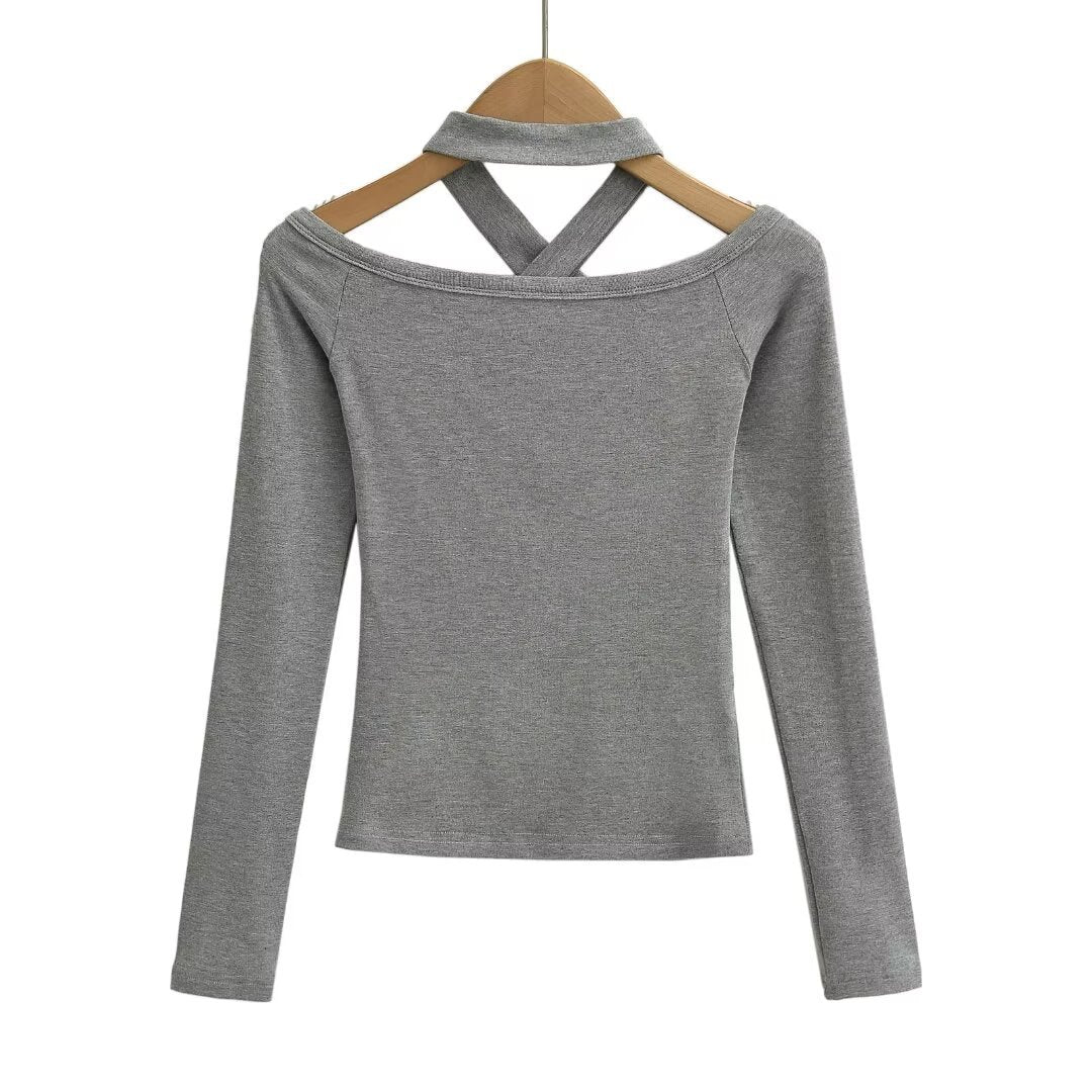 Dame Langærmet Overdel med mode Off-Shoulder Design og justerbar Krave Stilla