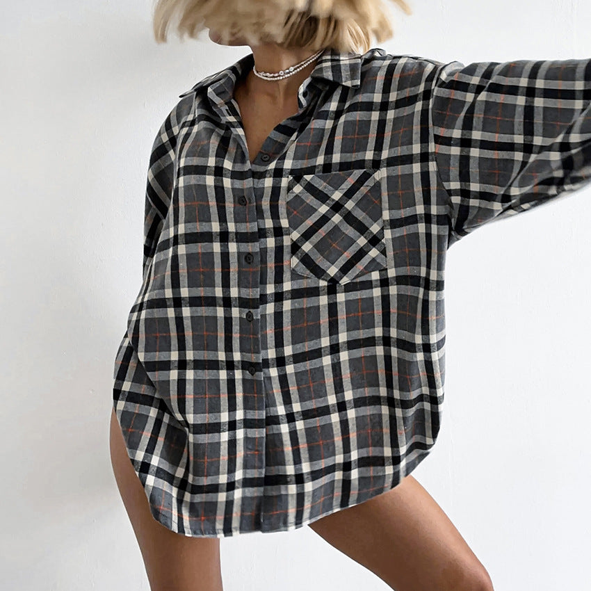 Dame flannel skjorte med klassisk ternet mønster og påsyet brystlomme Stilla