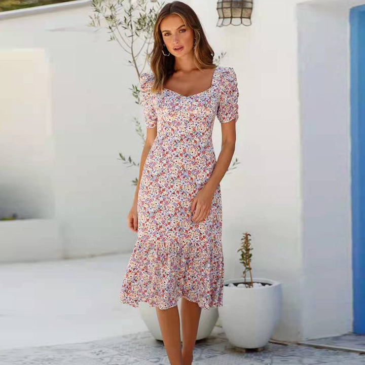 Dame Midi-kjole med feminine puffærmer og floral flæsekant Stilla