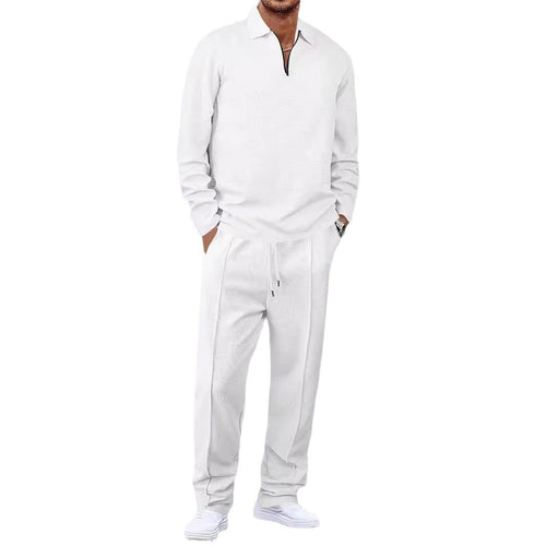 Unisex nan Vaffelstruktur Fritids-sæt med Halvzip-Polo-shirt og elastisk Bundbukser Skovae