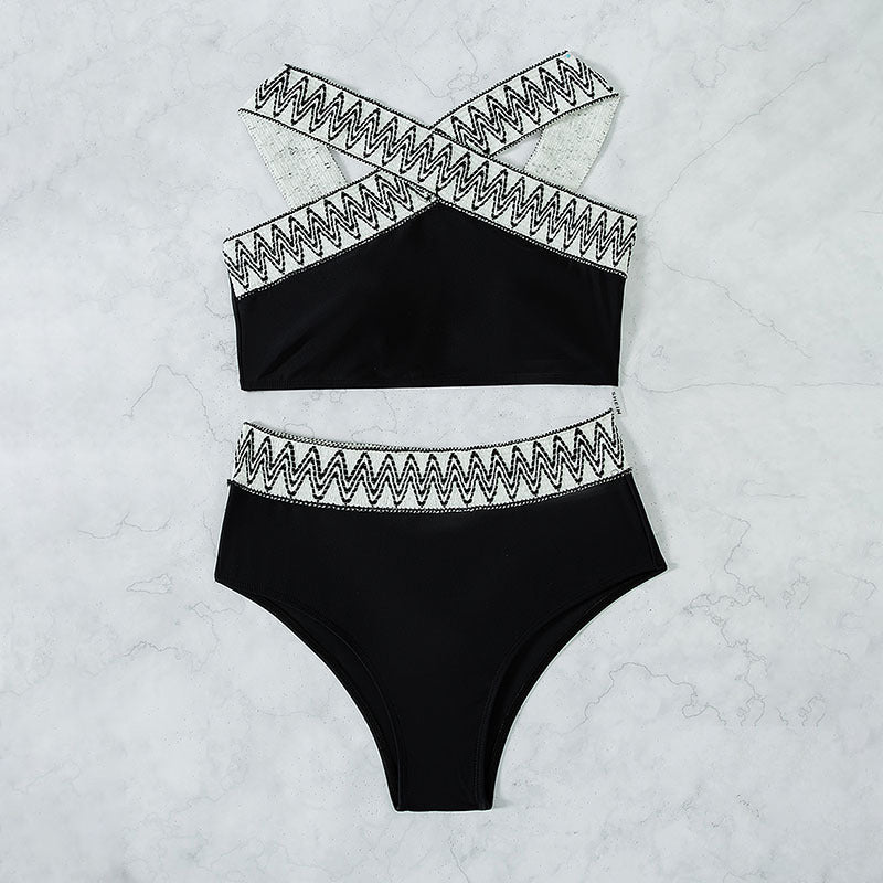 Dame højtaljet bikini-sæt med elegant krydsbånd-design Skovae