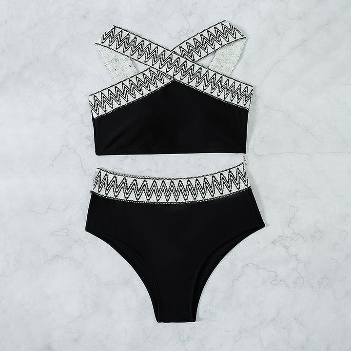 Dame højtaljet bikini-sæt med elegant krydsbånd-design Skovae