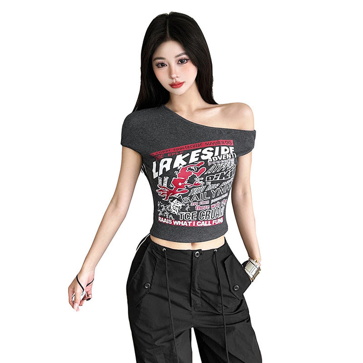 Dame Crop-Top med asymmetrisk snit og grafisk print Stilla