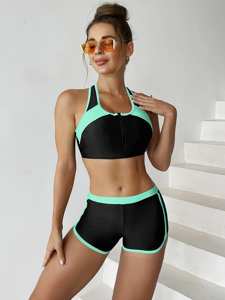 Dame Sporty bikini-sæt med kort bukser og lynlås Skovae