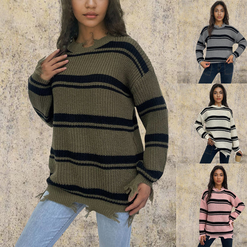 Dame oversized strikket sweater med trendy stribemønster og frynse detaljer Stilla
