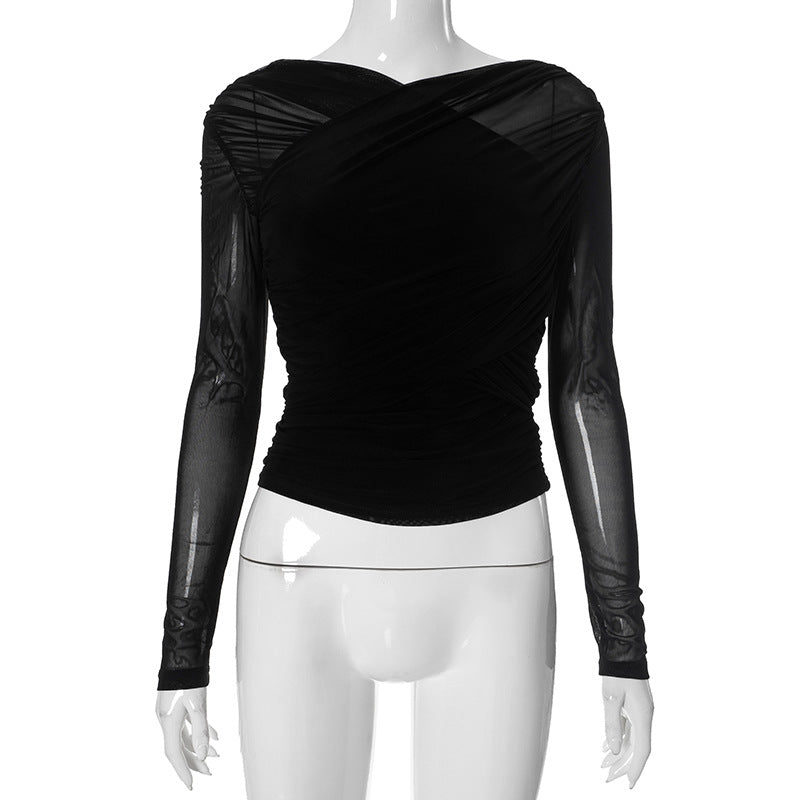 Femme Elegante Rynkning Langærmetop Stilla