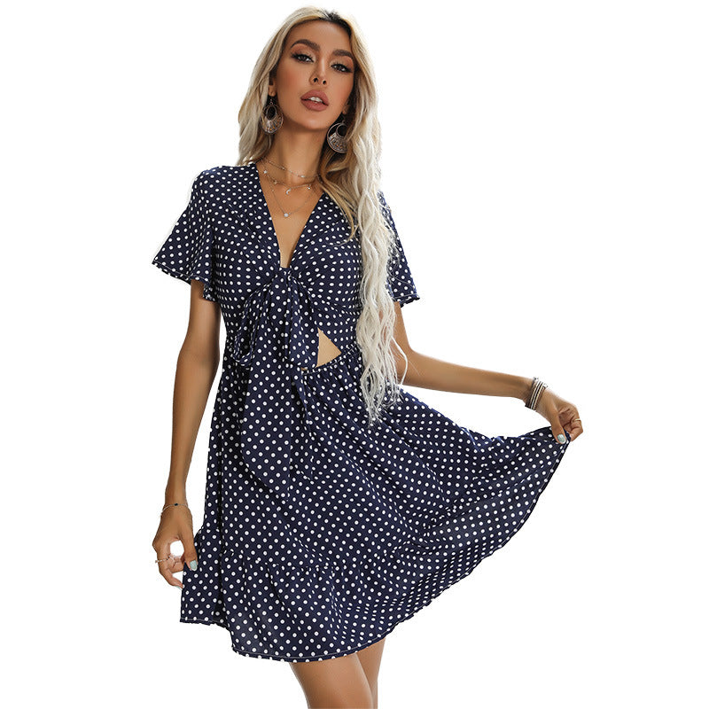 Dame Polka Dot Sløjfe-Front Mini Kjole Stilla