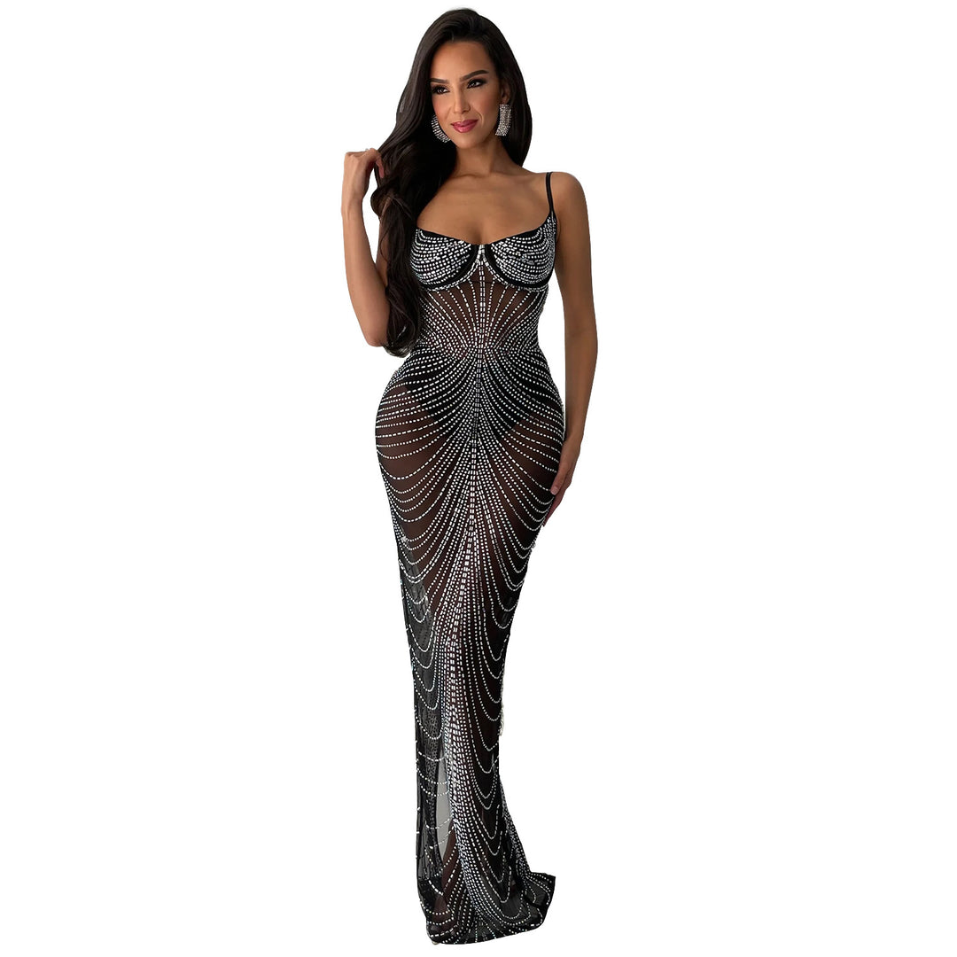 Dame Elegant Rhinestone Besat Aftenkjole med dyb Udsnit og figursyet Snit Stilla