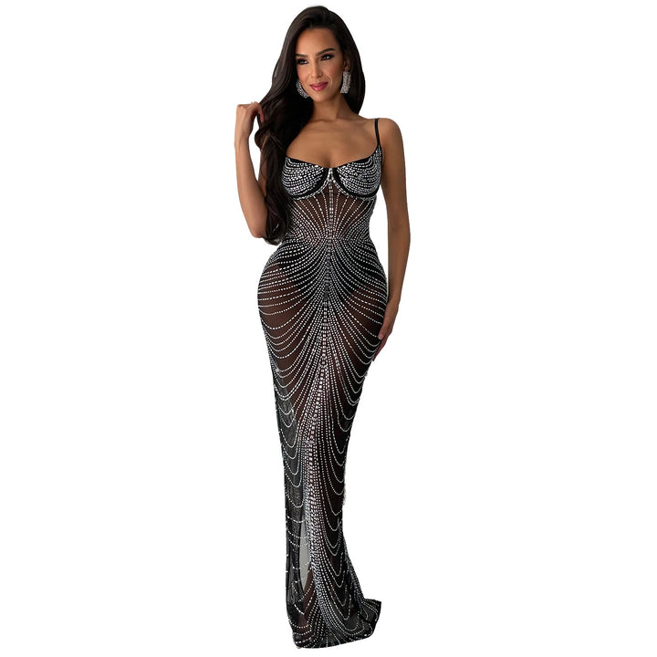 Dame Elegant Rhinestone Besat Aftenkjole med dyb Udsnit og figursyet Snit Stilla