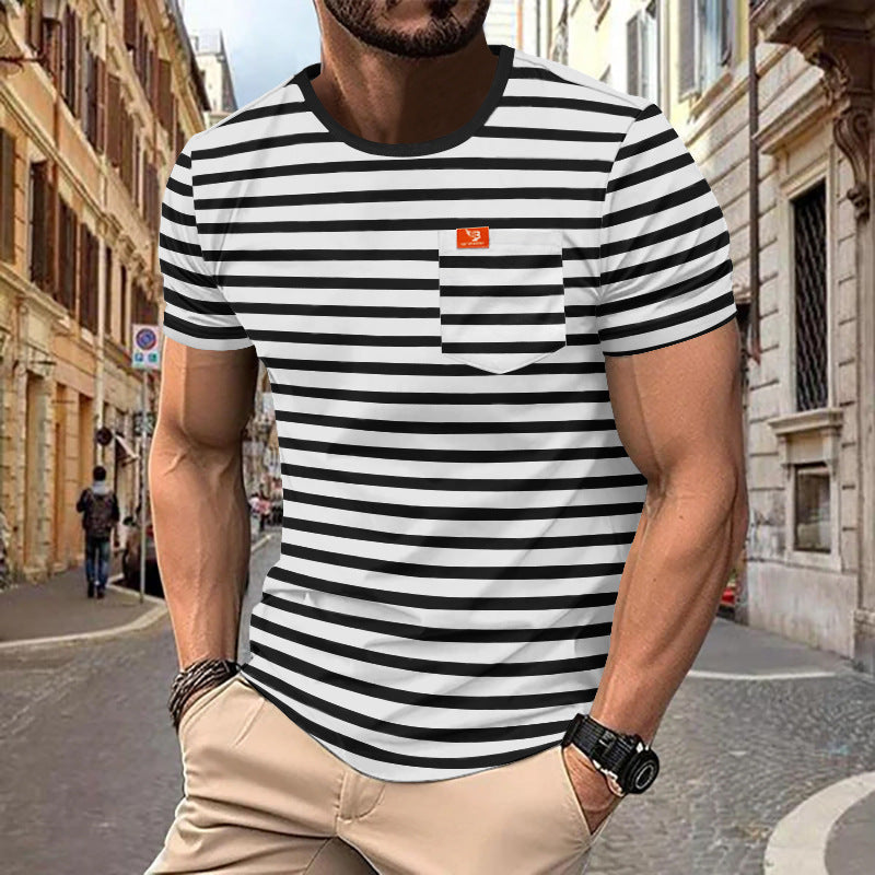 Herre nan maritim inspireret stribet T-shirt med brystlomme og slub-jersey Skovae