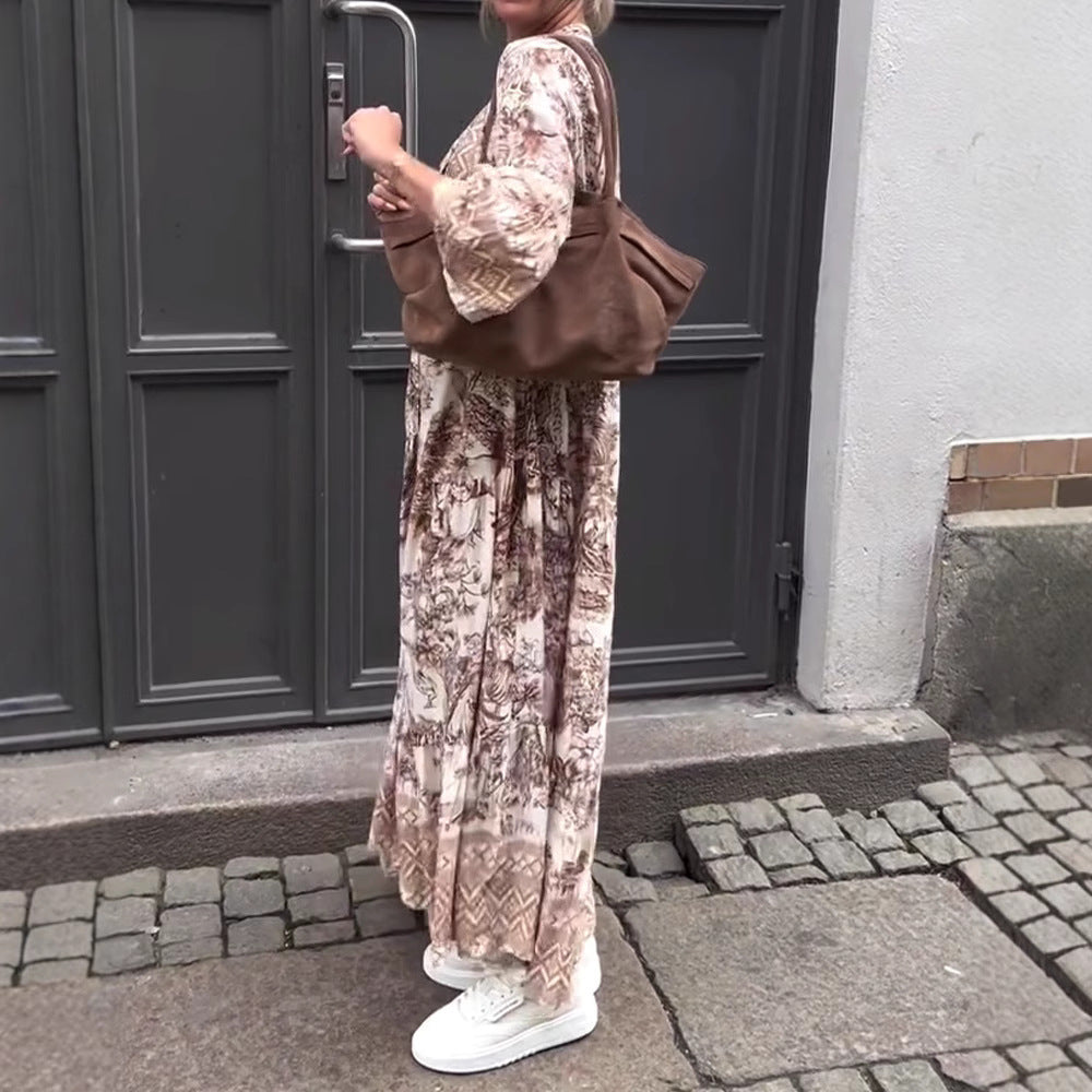 Dame Maxikjole med florale mønstre og elastisk taljesnit Stilla