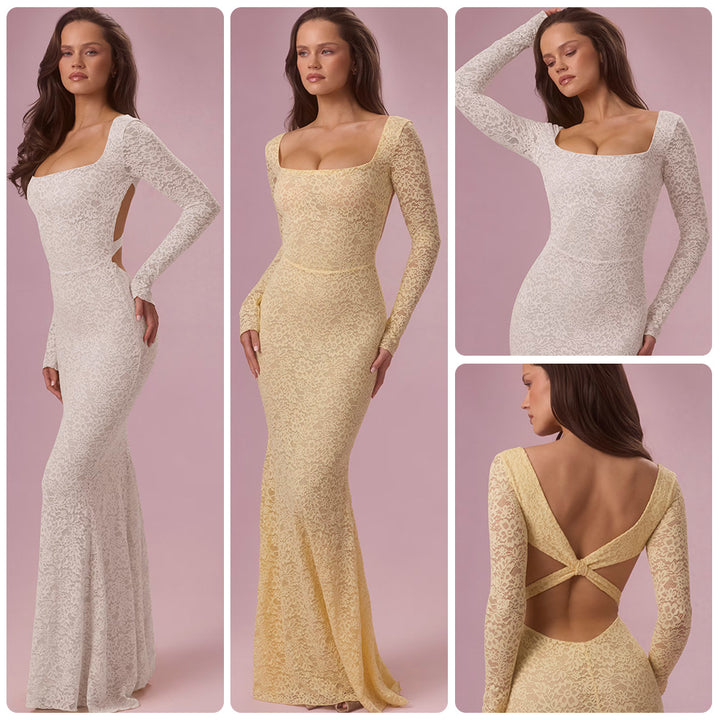 Dame elegante blonde maxi kjoler med tilpasset silhuet og lange ærmer