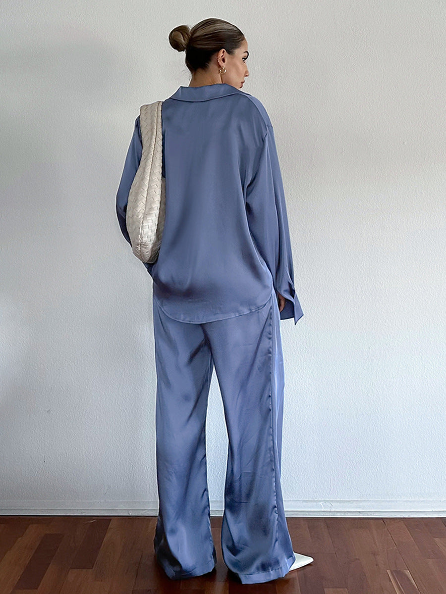Dame Satin Bluse- og Bukse-Sæt med elegant pasform og højkvalitets snit Stilla