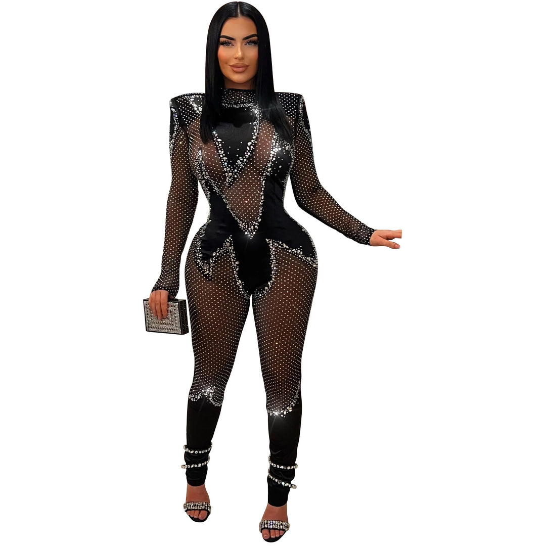 Dame Elegant Bodysuit med glitrende strass-detalje og gennemsigtigt design Stilla