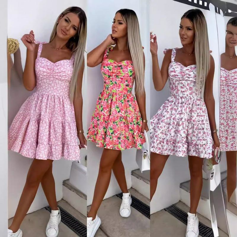 Dame Floral Print Laget Mini-Kjole med Justerbare Stropper Stilla