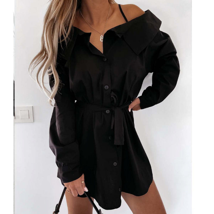 Dame Off-Shoulder Knaplukning Kjole med Selvbundet Bælte Stilla