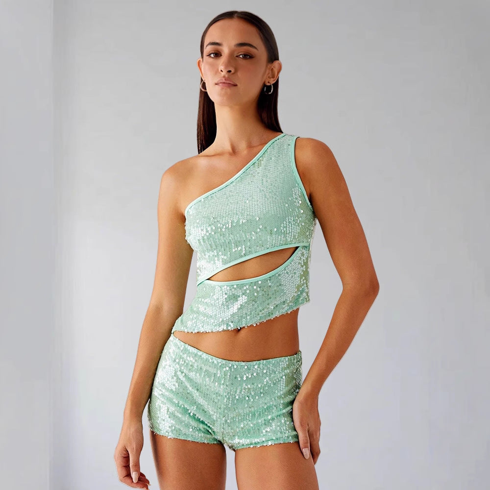 Kvinders glitrende top og shorts sæt Skovae