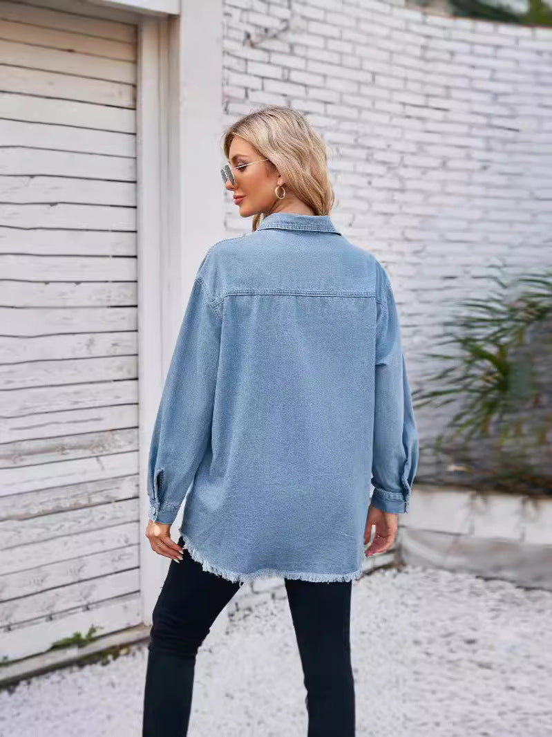 Damer Denim skjortejakke med frynset kanter og dekorative brystlommer Stilla
