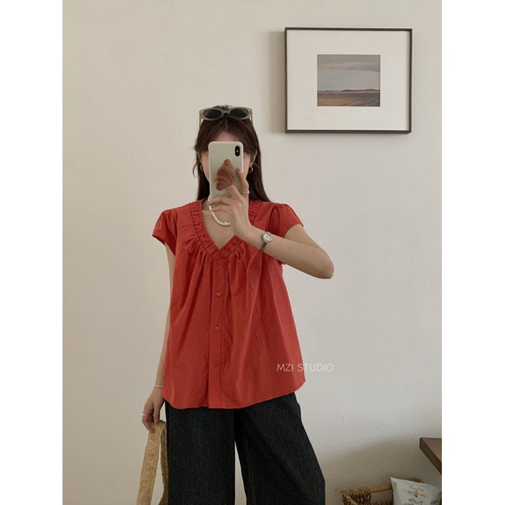 Femme Rille skjorte med V-udskæring casual bluse Stilla