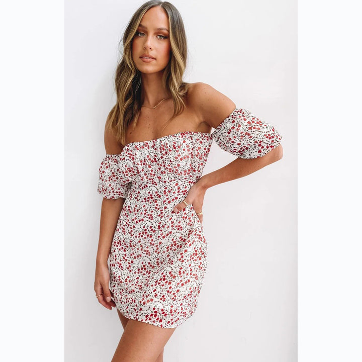 Women Off-Shoulder Mini Dress with Voluminous Sleeves and Floral Design